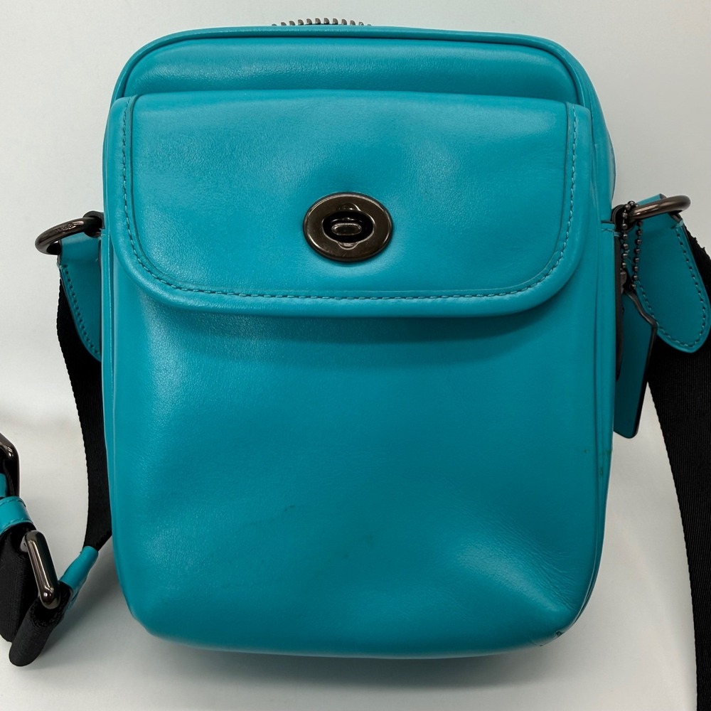 Coach Crossbody Bag Mens Small Turquoise Leather Turnlock Camera Messenger Bag
